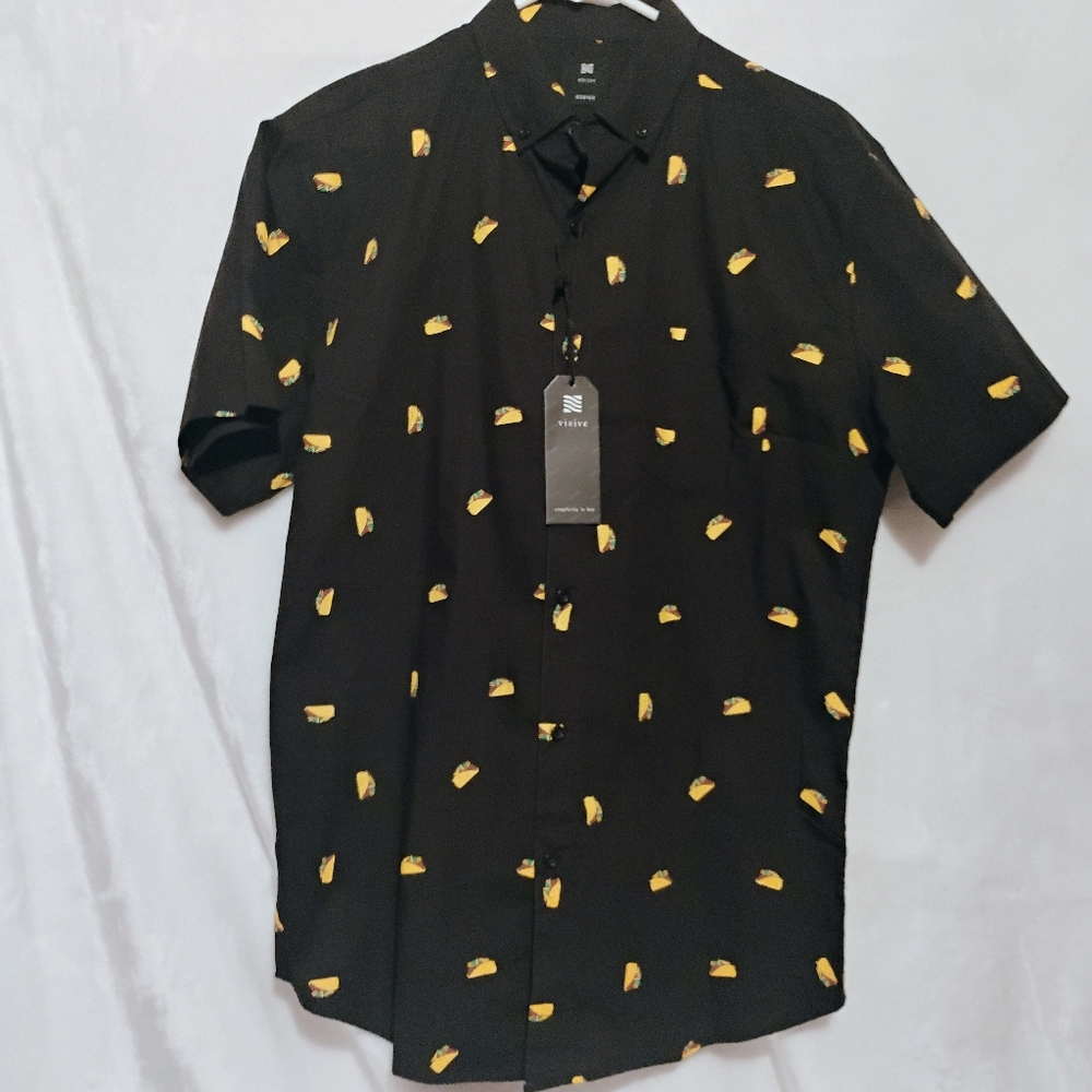 Visive Mens Medium Taco Print Short Sleeve Button Down Shirt Black Cotton NWT D